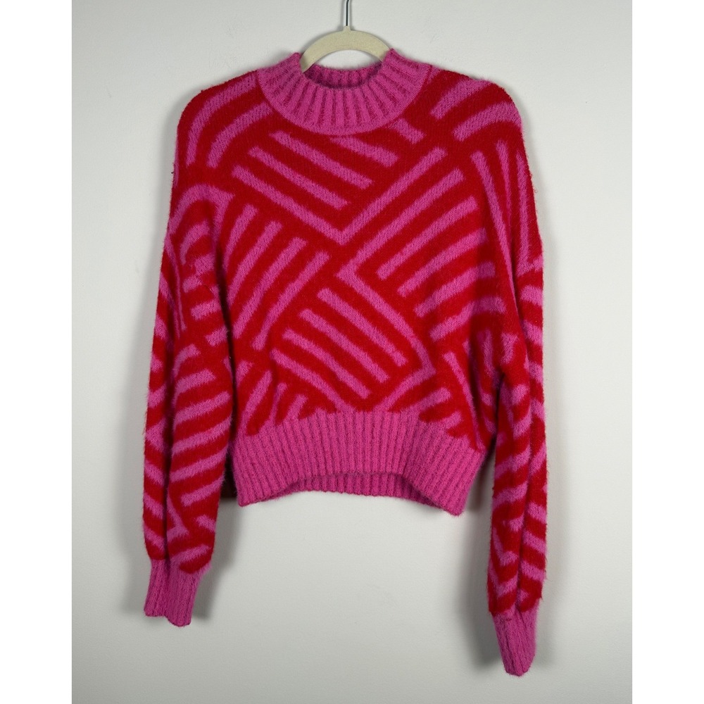 SUGARLIPS‎ Fuzzy Striped Mock Neck Sweater Pink Red Geometric Long Sleeve Cozy L